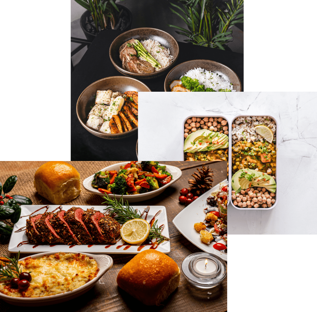 Woman enjoying food, meals in storage container, and food bowls on a table